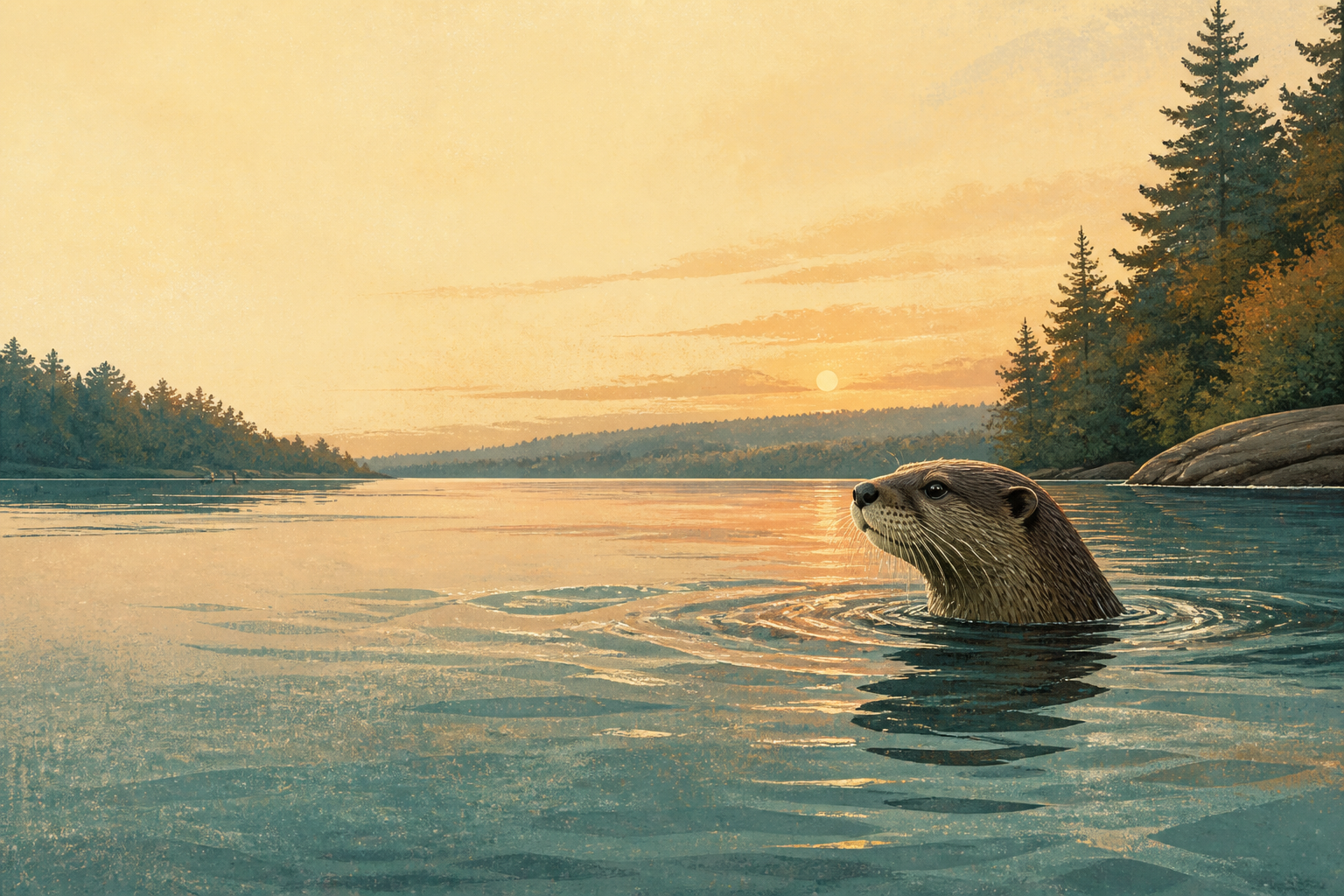 A river otter surfacing in a quiet teal river at sunset